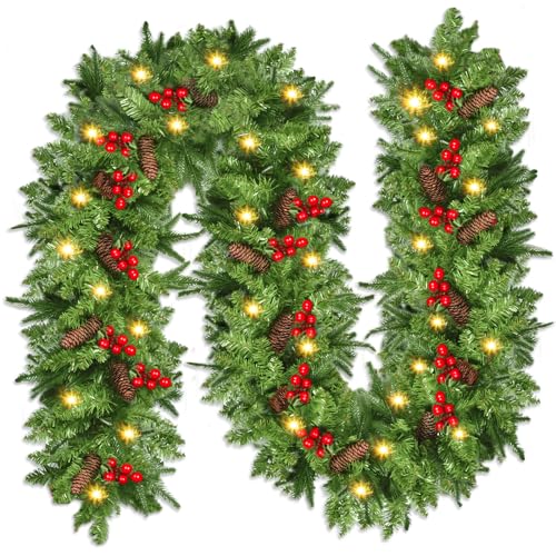 NUZEKY Guirnalda de Navidad, 2,7 m, Guirnalda de Abeto con 30 Luces LED, Guirnalda de Navidad, Guirnalda de Navidad para Exterior con Flores, Bolas para Interior y Exterior, Chimenea, Escalera