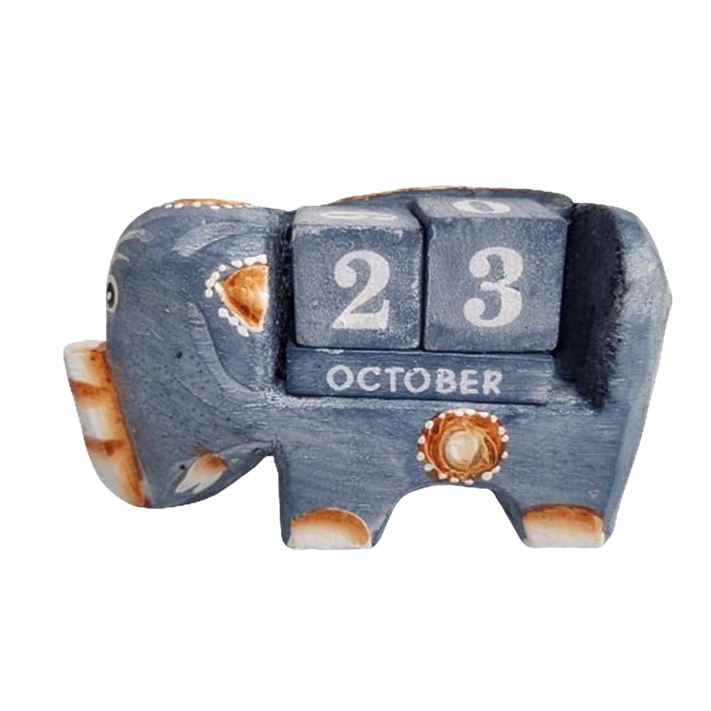 Thai Vintage Handcraft Wooden Perpetual Desk Calendar, Gray color Elephant Pattern, Home Office Decor, Teacher, Classroom, Reusable Yearly
