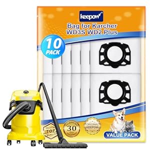 KEEPOW 10 Pack Vacuum Bags for Kärcher Wet & Dry Vacuum Cleaner WD 2 Plus, WD 3, WD 3 Battery, Fleece Hoover Bags for Karcher Vacuum Cleaner KWD 2, KWD 3, MV 3, SE4001, SE4002，WD3 S, KWD 1