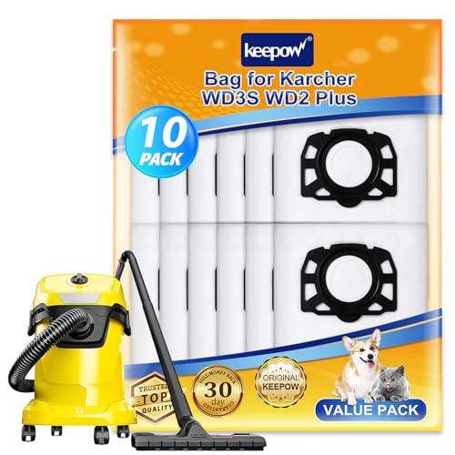 KEEPOW 10 Pack Vacuum Bags for Kärcher Wet & Dry Vacuum Cleaner WD 2 Plus, WD 3, WD 3 Battery, Fleece Hoover Bags for Karcher Vacuum Cleaner KWD 2, KWD 3, MV 3, SE4001, SE4002,WD3 S, KWD 1