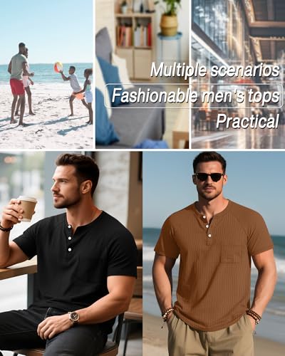 3 Pack Men's Big and Tall Waffle Henley T-Shirts, Raglan Short Sleeve Button Oversized Tops Basic Tees with Pocket2