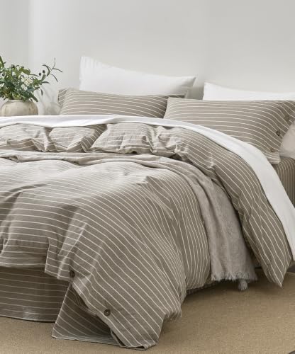 Image of JELLYMONI 100% Washed Cotton Beige Striped Duvet Cover Set Twin