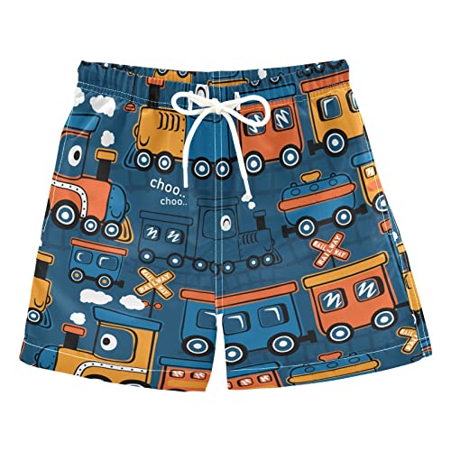 Aflyko Boys' Board Shorts Steam Train Cartoon Blue Swim Trunk Beach Swimwear 3T