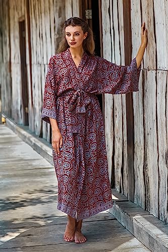 Novica Handmade Rayon Batik Robe Women's Grey Burgundy Stamped Belted Clothing Patterned Indonesia Floral 'Morning Aster' #TOP2