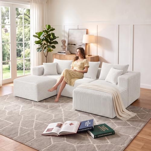 Image of 93 inch U-Shaped Boneless Couch, Corduroy Cloud Couch Sectional with Chaise and Ottoman, Deep Seat Modular Sectional Sofas for Living Room, No Assembly - Beige (Right Facing Chaise)