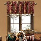 Loom and Mill Luxury Chenille Valances for Living Room Window, Classic Damask Jacquard Chenille Window Treatment Valances with Tassels, Rod Pocket Blackout Short Curtain 1 Panel, 54” x 18”, Red