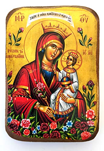 Handmade Wooden Greek Christian Orthodox Wood Icon of Virgin Mary The Unwithering Rose / A0