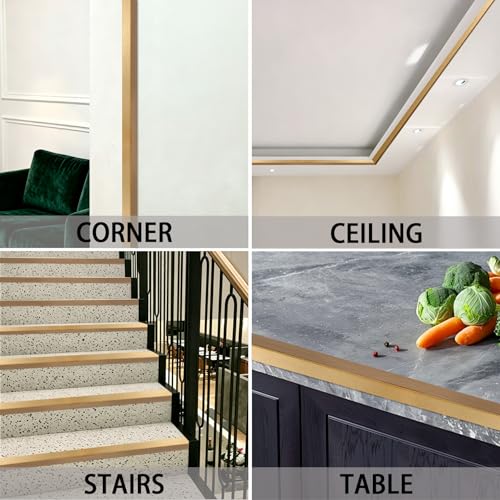 Image of Trimold Brushed Gold Aluminum Peel and Stick L Molding Corner Guards with 90 Angle for Wall Door Frame Cabinet Baseboard Protection and Decoration, 35.4in x 0.8in (3Pcs)