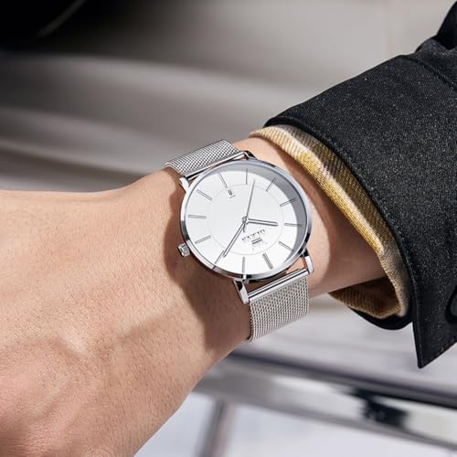 Image of OLEVS Men Leather Watches Black Ultra Thin 6.5mm Minimalist Dress Fashion Simple Casual Waterproof Date Watch for Men