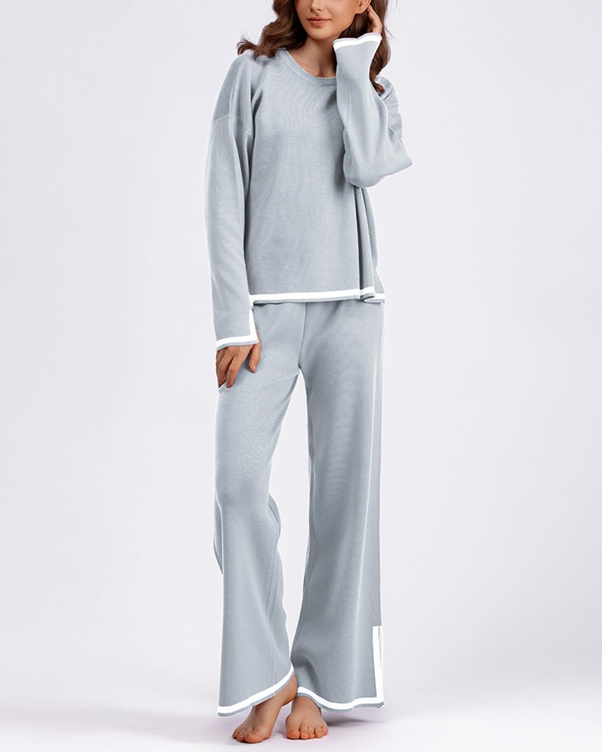Tuta da donna in maglia, 2 pezzi, tuta da jogging, maglione, pantaloni a gamba larga, tuta da jogging alla moda, set da jogging per ragazze