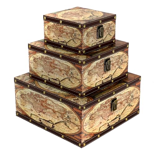 Jolitac Wooden Storage Box Set of 3, Antique-Looking Storage Containers with Secret Compartments Vintage Nesting Keepsake Chests for Jewelry, Cash, Photos Travel-Friendly & Stackable (Map)