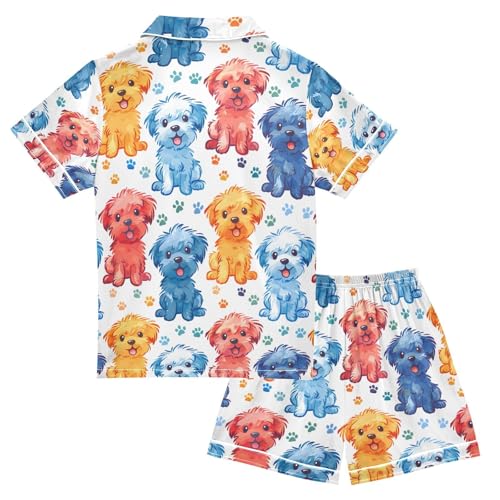 ALAZA Puppy Dog Paw Print Watercolor Pajamas Satin Pajama Set Short Sleeve Button Down Sleepwear2