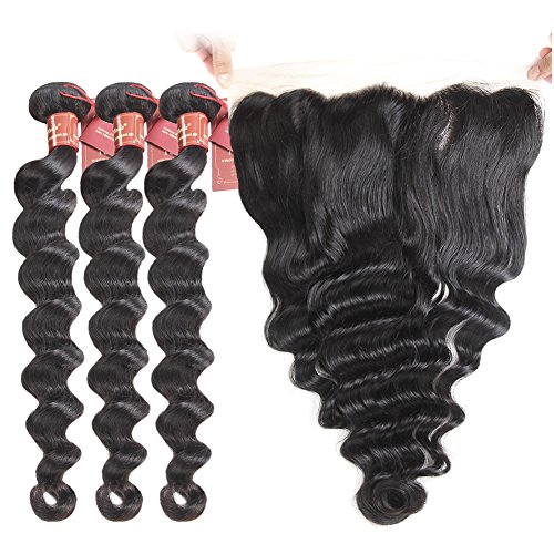 Brazilian Loose Wave 3 Bundles with 13 X 4 Free Part Lace Frontal Closure, Unprocessed Human Hair Extensions Brazilian Virgin Hair Weave Natural Black Color(14 16 18+12inch closure)