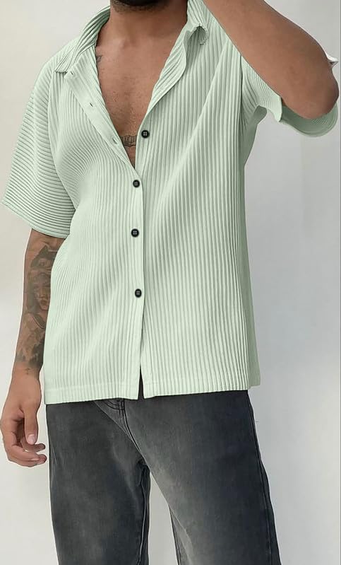 Image of MiraMichi Men's Regular Fit Long Shirt - Corduroy Fabric, Striped Pattern, Half Sleeves, Ideal for Casual
