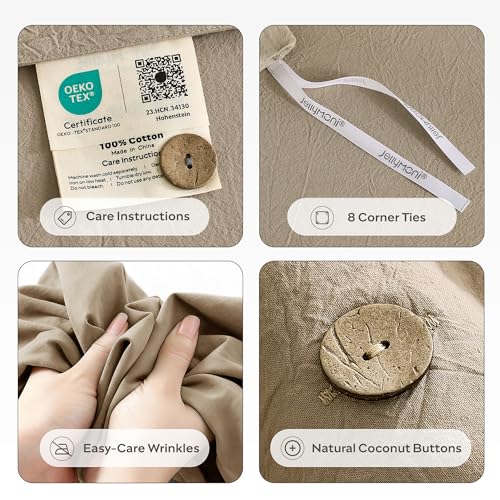 Image of JELLYMONI 100% Washed Cotton Duvet Cover Queen - Soft, Breathable Linen-Look Bedding with Natural Wrinkle Texture, Button Closure, 3-Piece Set (Dusty Khaki, 90 inchx90 inch)