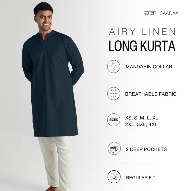 Image of SAADAA Men's Long Kurta - Linen Cotton Blend, Airy Fabric, Regular Fit, Mandarin Collar, Solid Color - Casual, Festive & Ethnic Wear