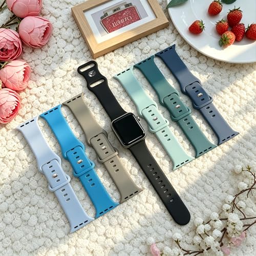 Image of Bands Compatible with Apple Watch 38mm 40mm 41mm 42mm 44mm 45mm 49mm, Soft Silicone Replacement Sport Accessory Strap Wristband for iWatch Series Ultra 8 7 6 5 4 3 2 1 SE Women Men Light Blue