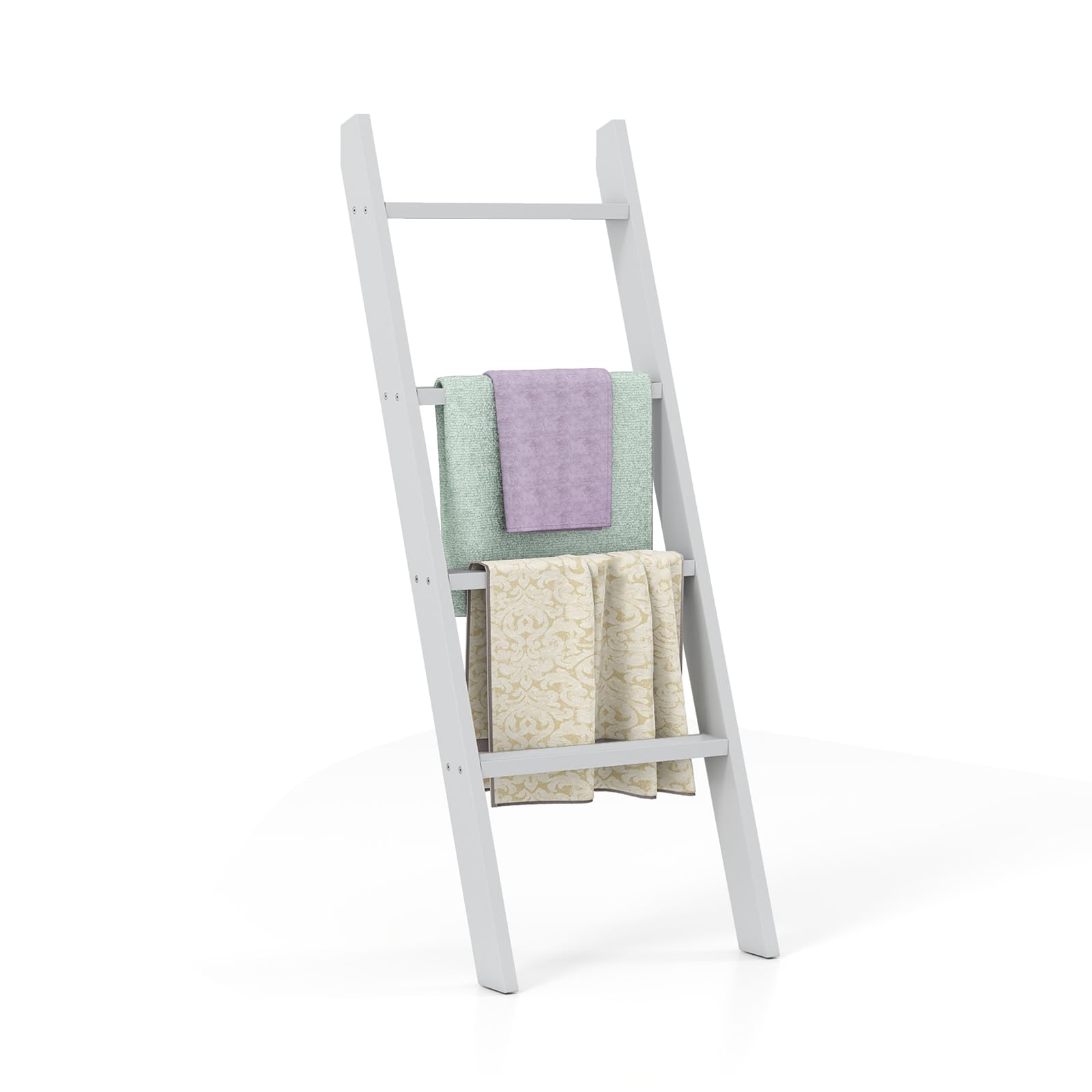 COSTWAY Wooden Blanket Ladder, 4-Tier Towel Ladder Shelf, Wall Leaning Blanket Towel Rack Holder Decorative Storage Shelving Unit for Bathroom Living Room (Grey)