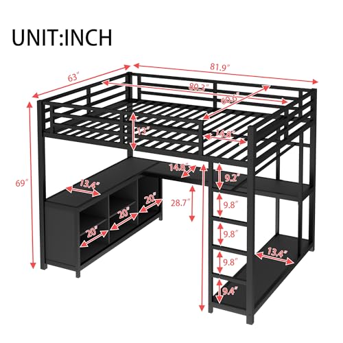 Image of Bellemave Queen Size loft Bed with L Desk and Wardrobe, Metal Queen Size Loft Bed Frame for Adults, Kids, Teens, Black