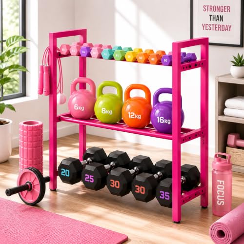 Image of WINSTAR 3-Tier Adjustable Dumbbell Rack | Heavy-Duty Home Gym Weight Storage Stand for Dumbbells & Kettlebells | Space-Saving Home Gym Organizer (Rack Only, Fuchsia Pink, 31x31 in)
