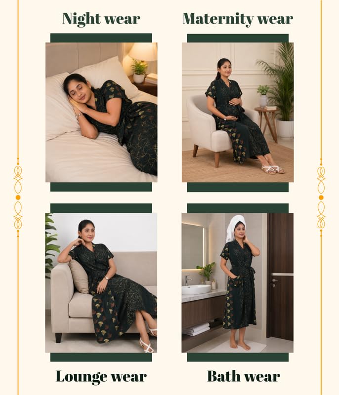 Image of MENMAII Cotton Feeding Robe for Women | Soft Breathable Maternity & Nursing Wear | Front Open Easy Feeding Access | Comfortable Nightwear for New Moms|Calf Length [Size: L,XL,XXL,3XL /FS]