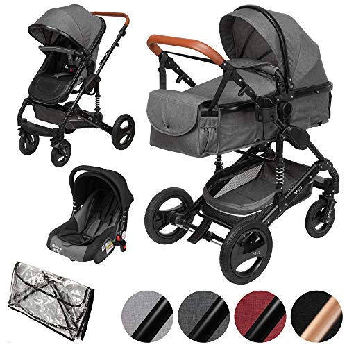 ib styleu00ae SOLE 3 in 1 Kombi Kinderwagen | inkl. Auto Babyschale | Zusammenklappbar | inkl. Regen- & Mückenschutz | 0-15kg |Grau/Gestell: Schwarz