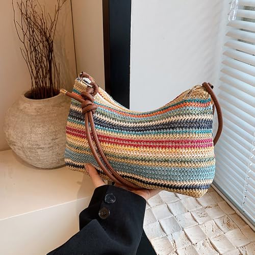 Image of Gogobear Women's Woven Beach Shoulder Handbag Colorful Straw Tote Bag | Summer Vacation Crossbody Bag, Lightweight Fashionable Tote Shoulder Handbag