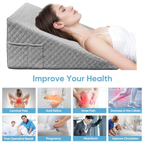 Wedge Pillow, 12 Inch Bed Wedge Pillow for Headboard, Pillow Wedge for Acid Reflux Relief, After Surgery, Sleeping,Back Pain Relief, Memory Foam Top, Darkgrey