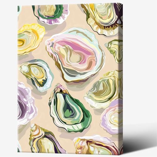 Image of Colorful Oyster Shell Poster Abstract Beachy Shell Canvas Wall Art Retro Summer Coastal Shell Picture Aesthetic Prints Painting For Home Living Room Kitchen Restaurant Wall Decor 8x12in Framed