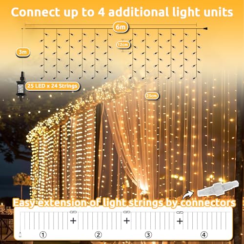 Dekofun 600 LED Curtain Fairy Lights 6m x 3m Hanging Gazebo Light Mains Powered With Timer, 8 Modes Waterproof Christmas Window Lights, Waterfall light for Wedding Wall Xmas Indoor Outdoor Decorations - Image 3