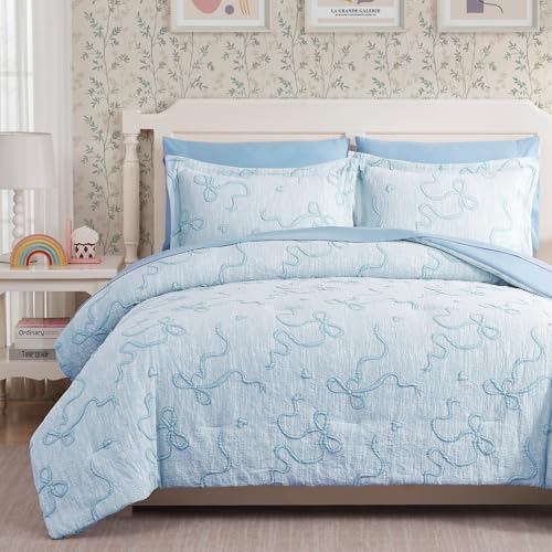 Image of Queen Comforter Set - 7 Pieces Bow Jacquard Bed in a Bag Queen Bedding Set | Cottage Core Queen Bed Set for Girls, All Season Bed in a Bag with Comforter, Sheets, Pillowcases & Shams, Light Blue