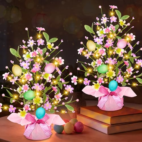 2 Pack & Timer - Easter Decorations, 21 Inch Easter Tree Tabletop with 20 Warm White Lights Battery Operated Large Colorful Eggs Colorful Berries Artificial Tree Easter Decor Spring Home Party