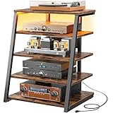Armocity 5-Tier AV Media Stand with Power Strips, Media Console with LED Lights, Audio Tower Rack with Adjustable Shelves, Stereo Stands and Racks, 40.8'', Rustic Brown
