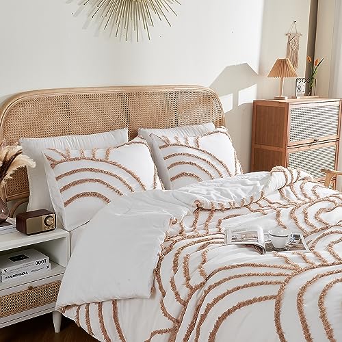 Image of ENJOHOS Boho Bedding Comforter Set Queen, 3 Pieces Tufted Rainbow Bedding Set for Queen Size Bed, Lightweight Fluffy Microfiber White and Orange Comforter for All Season