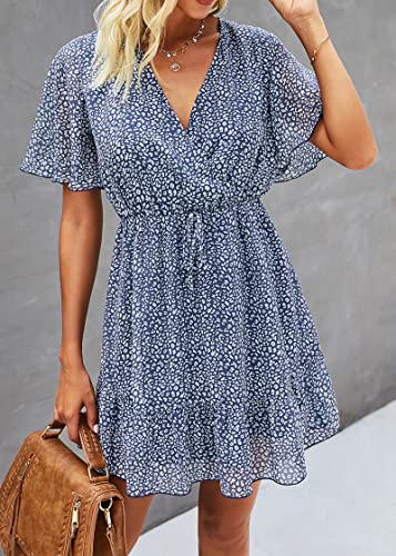 Kirundo 2023 Women's Summer Dresses Casual Short Sleeve V Neck Ruffle Leopard Print High Waist Flowy Mini Dress With Belt(Large, Dark Blue) #TOP3