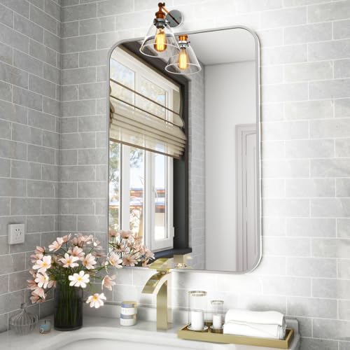 Koonmi Badspiegel mit runden Ecken 61 x 91 cm, Alurahmen, Silber – Ansicht 2