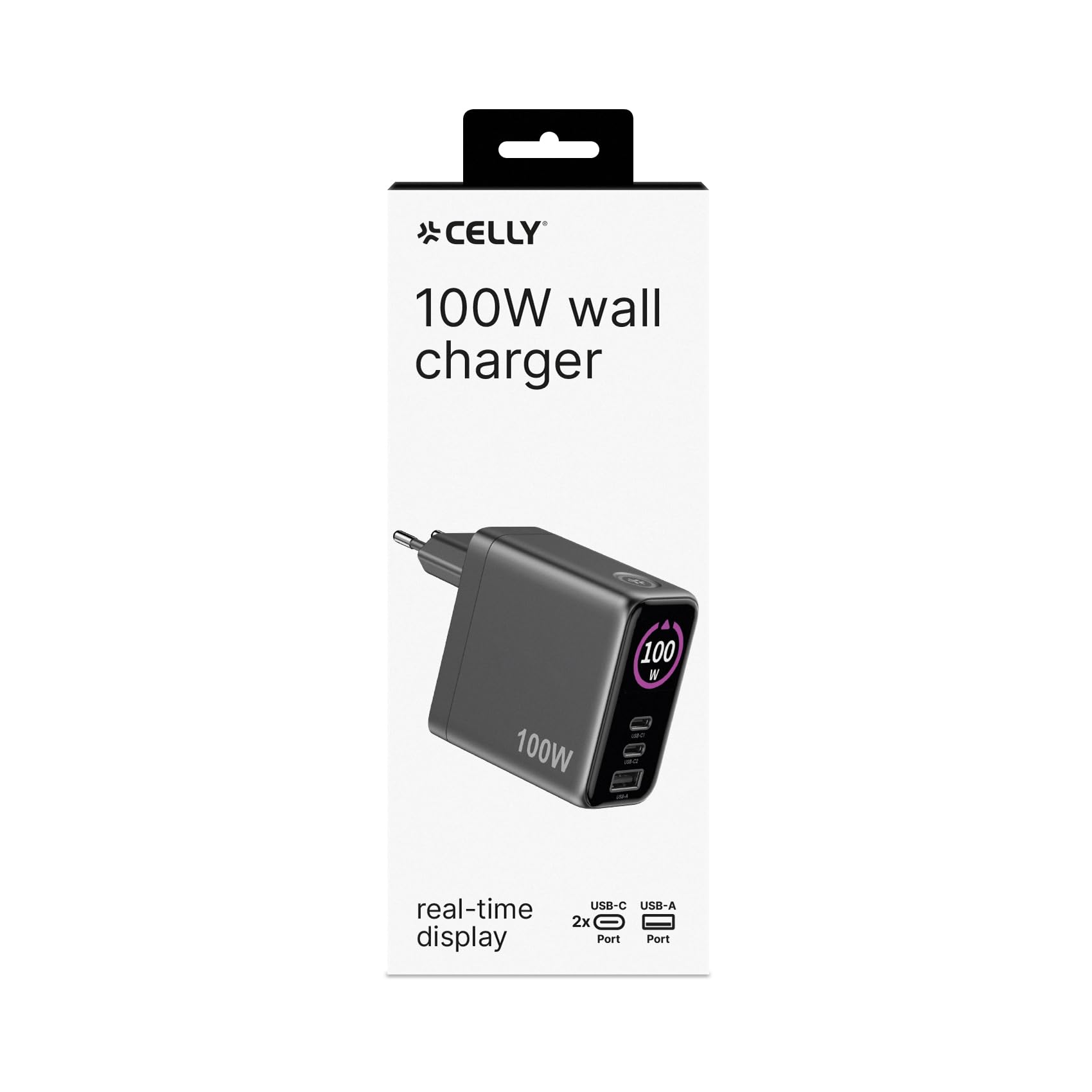 Celly - GaN Ladegerät 100 W mit LED-Display und 3 USB-C-/USB-A-Anschlüssen, ultraschnelles Aufladen für mehrere Geräte