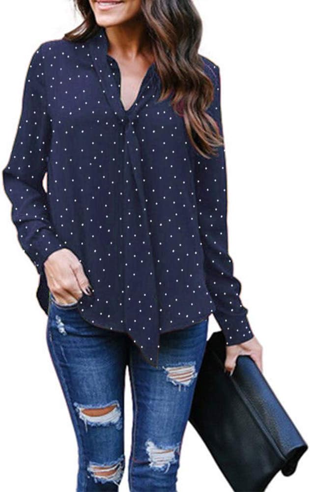 Women's Polka Dots Roll Tab Long Sleeve Blouse Shirt