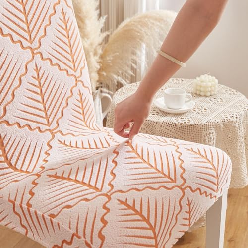 Image of HOMETHREADS Stretchable Elastic Jacquard Chair Seat Cover | Removable, Washable & Durable Chair Protector | Ideal for Dining Room, Kitchen, Restaurant & Party Chairs (Orange, Pack of 4)