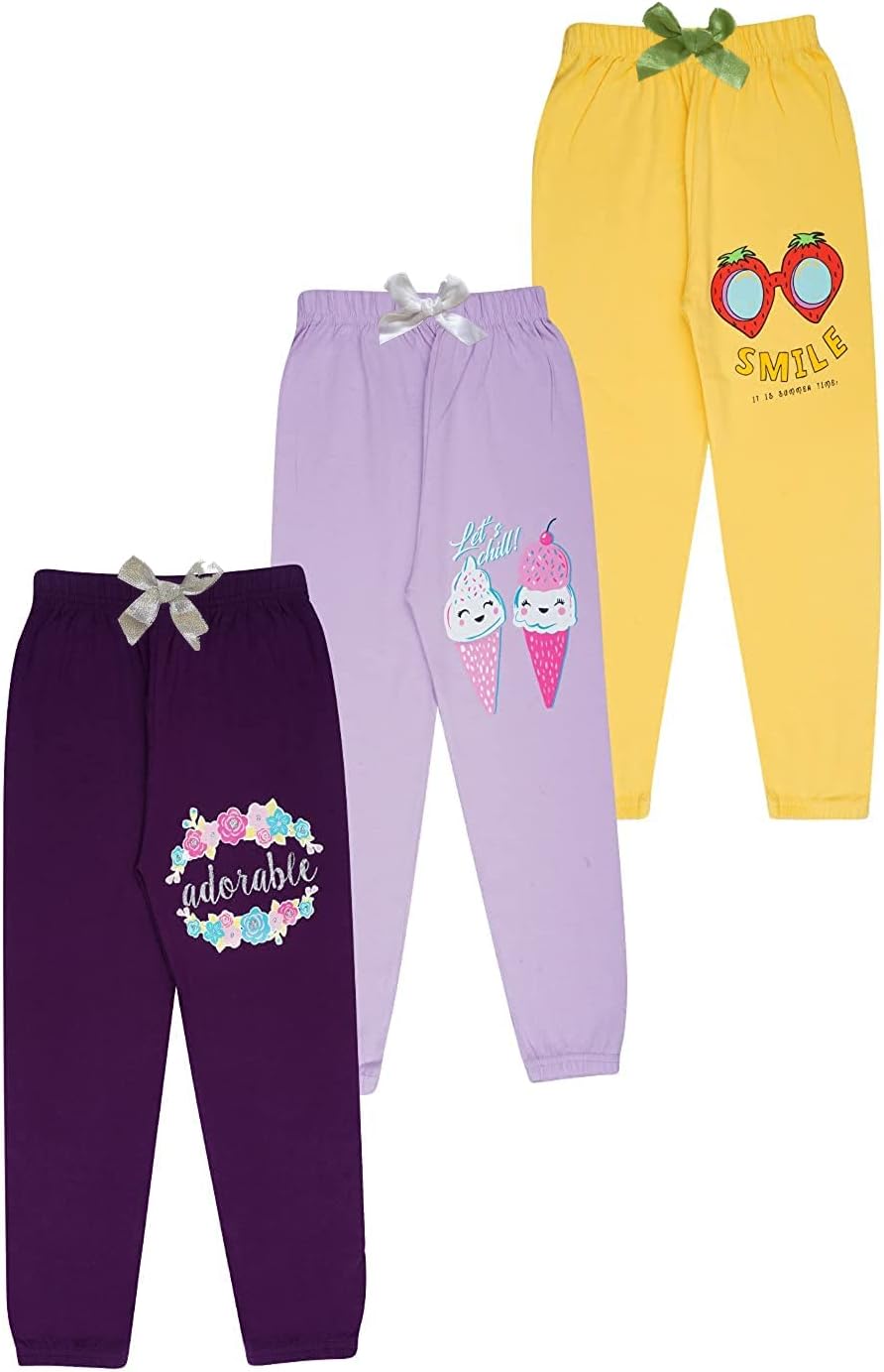 Girls Cotton Printed Track Pants - Multicolor (Pack o 3)