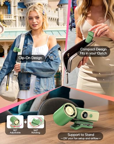 Image of Portable Clip-On Mini Fan, Hands-Free, Turbo Personal Handheld Fans Rechargeable w / 4 Wind & LED Display, Pocket Size Summer Essentials for Travel /EyeLash /Beach /Concert, Gifts for Women Men(Green)