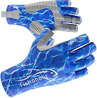 Fishoholic Fingerless Fishing Glove L/XL w' Super Grip UPF50+ Sun Protection Fishing Gloves Sun Screen UV Glove for Men and Women Kayaking Hiking Paddle Board Paddling Rowing Canoe (BlueCamo, L/XL)