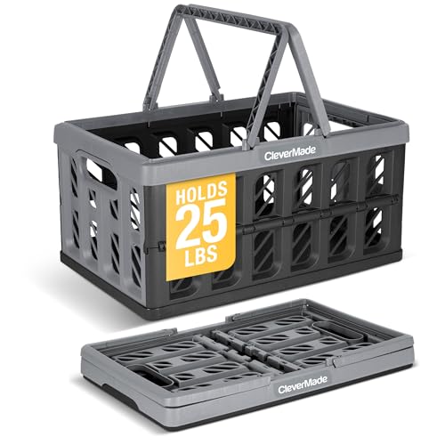CleverMade Collapsible Shopping Basket with Handles – 24L Collapsible Grocery Tote, Plastic Storage Baskets Fold Flat, Stackable Collapsible Storage Bins for Car & Home - Stone
