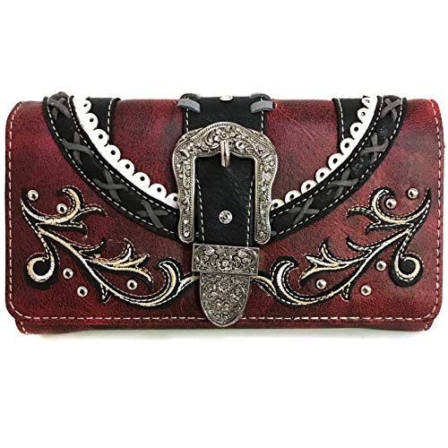 Justin West Trendy Western Rhinestone PU Leather Western Red Wallet2