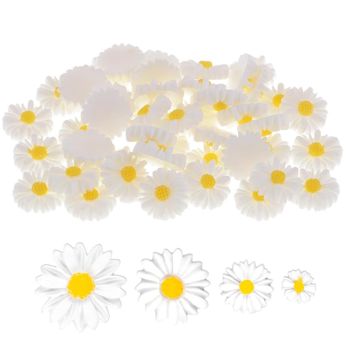 HICARER 50 Fiori di Margherite in Resina a Dorso Piatto Perline di Fiori di Margherite in Resina Epossidica Mini Margherite Decorate Artificiali con Scatola Portaoggetti 3 Misure (Bianco e Giallo
