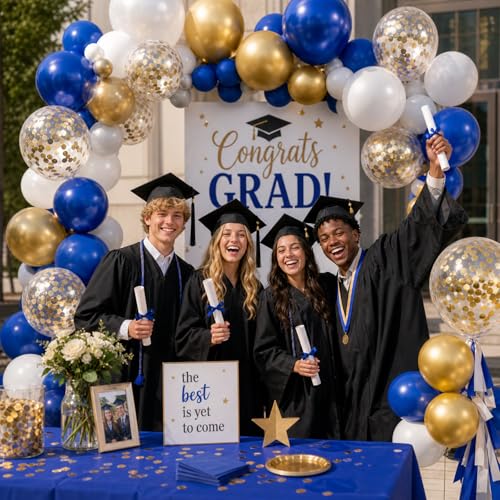 Image of KBZVNAF Royal Blue Gold White Balloons - 60 Pack 12 inch Metallic Gold Confetti Latex Party Balloons for Birthday, Baby Shower, Wedding, Graduation Party Decorations