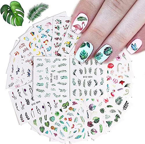 Kalolary 29 Différents Styles Nail Autocollants Transfert à Eau Stickers Ongles Fleurs Rose Feuille Designs pour Ongles DIY Papillons Colorés Nail Feuilles Floral Nail Art Stickers