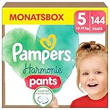 Pampers Harmonie Windeln Pants Baby, Größe 5 (12kg-17kg), Monatsbox, sanfter Hautschutz und pflanzenbasierte Inhaltsstoffe, 144 Höschenwindeln