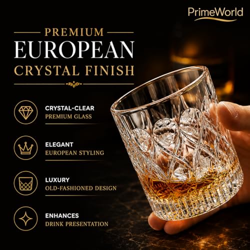 Image of PrimeWorld Cristalleria European Crystal Whiskey Glasses Set of 6 pcs- 300 ml Bar Glass for Drinking Bourbon, Whisky, Scotch, Cocktails, Cognac- Old Fashioned Cocktail Tumblers