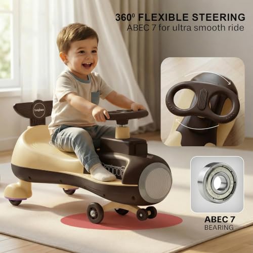 Image of Baybee Zygo Baby Swing Car for Kids with LED Lights & Music | 360 Steering Twister Push Ride On with Wide Seat, Storage & Smooth Glide | Wiggle Magic Car for Boys & Girls Aged 3+ Years (Brown)